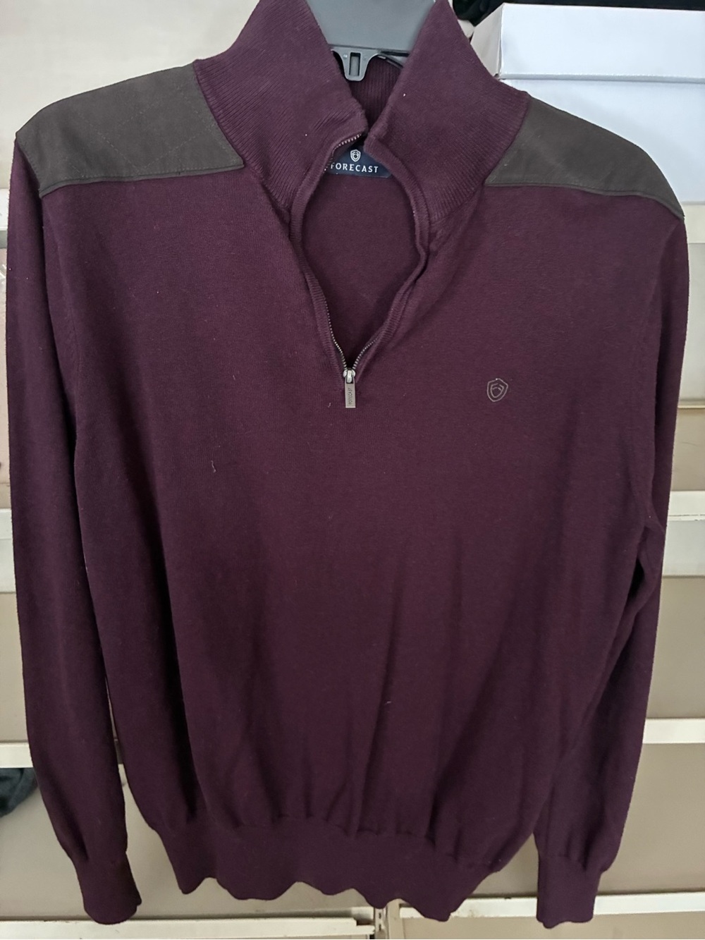 Forcast Men Zip-Up Sweater in Burgundy with Brown Shoulder Panels